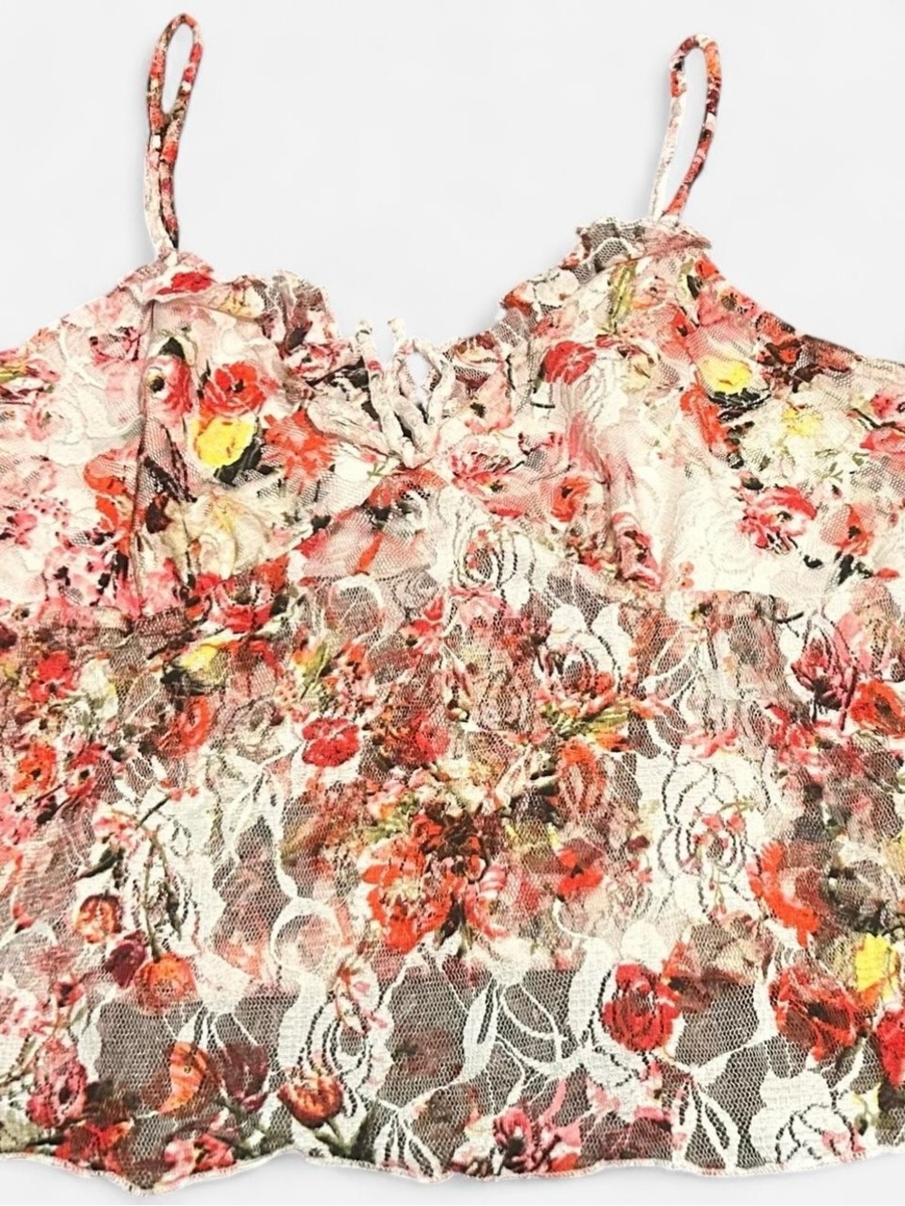 Floral with white lace Camisole top with spaghetti straps.